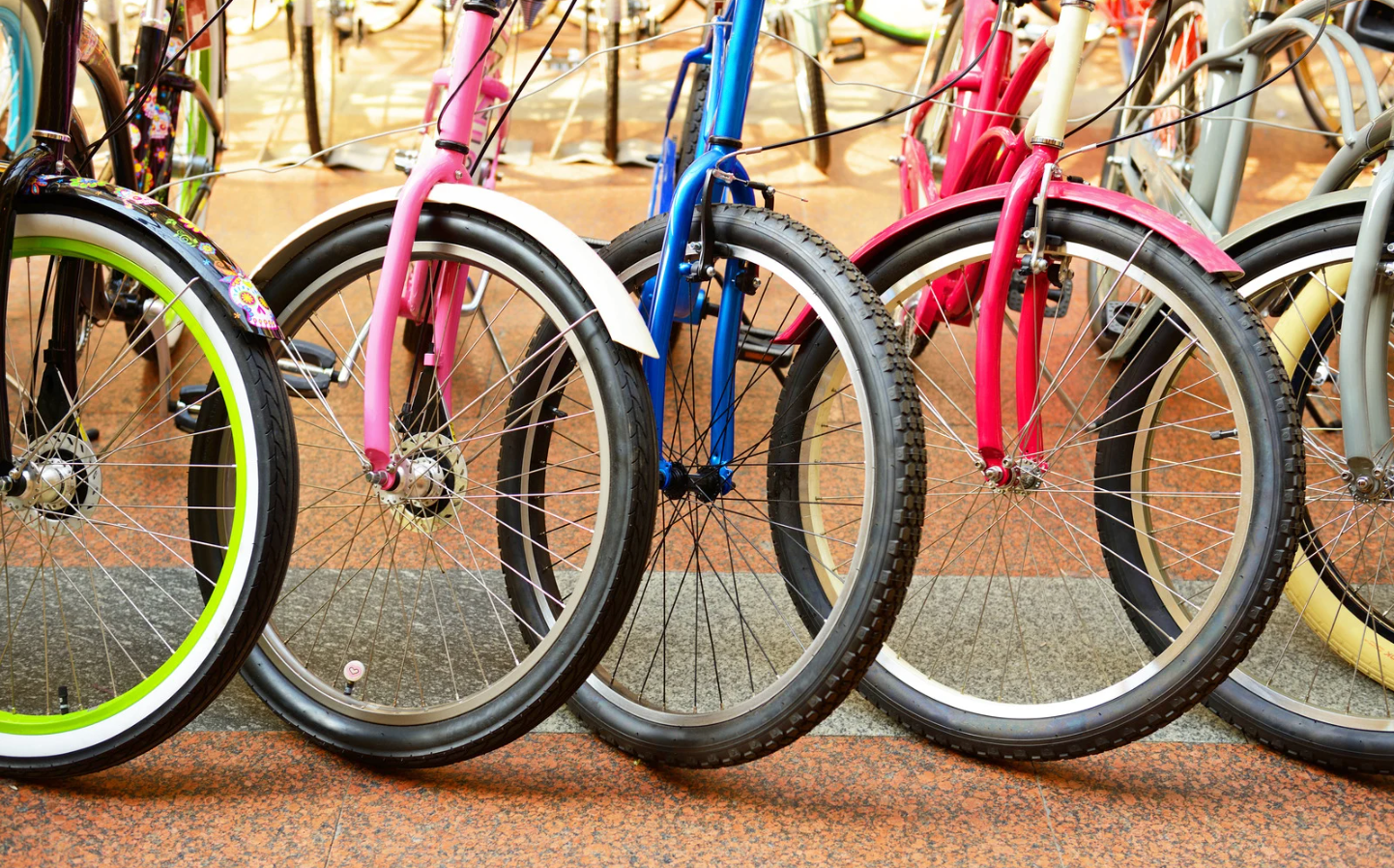 las llantas de 5 bicicletas de distintos colores