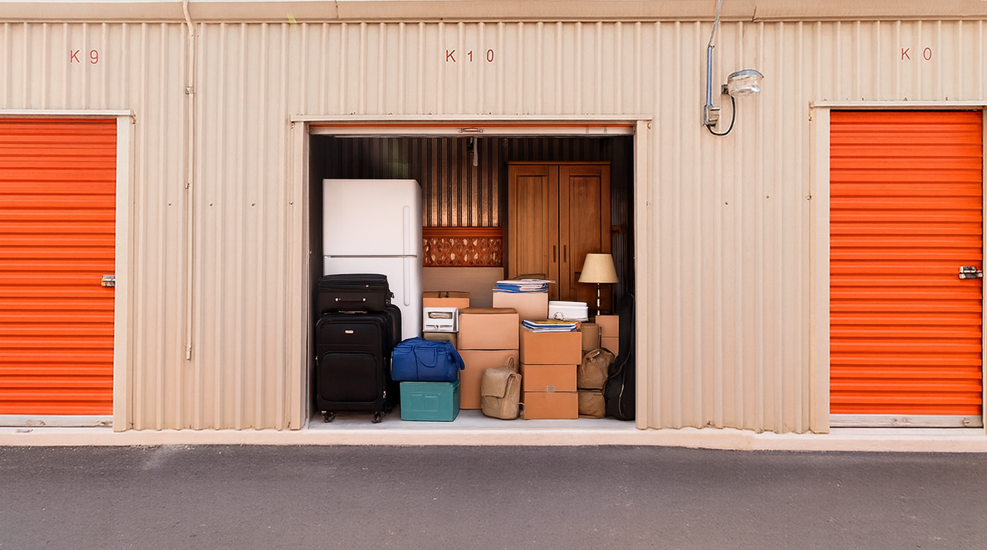 Minibodega de almacenamiento con cajas, maletas, muebles y artículos del hogar.